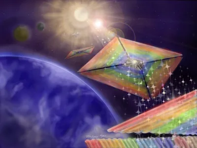 Like a regular sail uses wind to navigate across an ocean, solar sails use the pressure exerted by sunlight to move through space. (Pictured: a conceptual illustration of a diffractive solar sail)