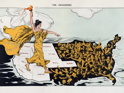 This illustration shows Lady Liberty over the states that had adopted suffrage, in white.