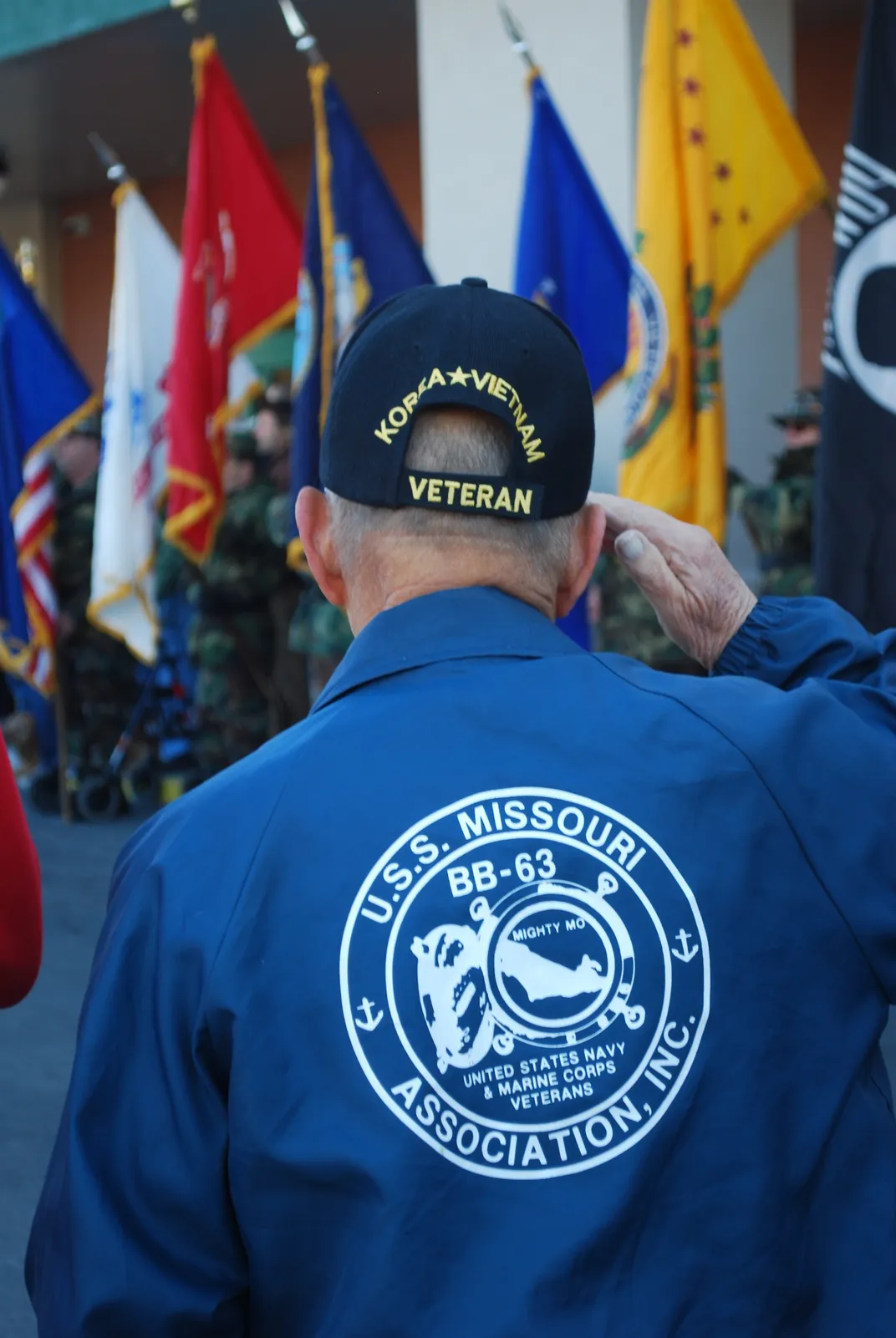 the back of a man is shown as he salute's a row of flags