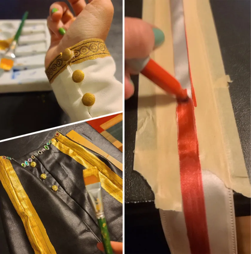 Three photos collaged together to show costume making in progress: coloring a band of white ribbon red, painting trim on a black garment gold, and showing off finishing cuff of a shirt sleeve with yellow trim.