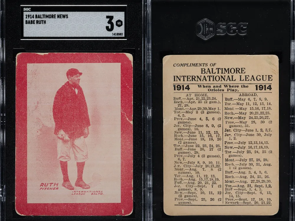 Red baseball card showing Babe Ruth next to schedule of baseball games