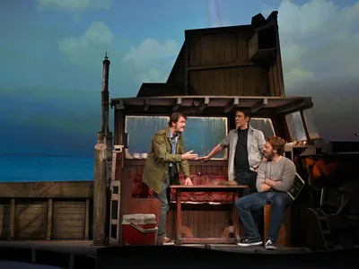 Ian Shaw, Demetri Goritas and Liam Murray Scott perform in&nbsp;The Shark Is Broken during the show&#39;s&nbsp;2021 run in London. Ian Shaw reprises his role on Broadway, playing his father, Robert Shaw, while co-stars Colin Donnell and Alex Brightman play Roy Scheider and Richard Dreyfuss, respectively.