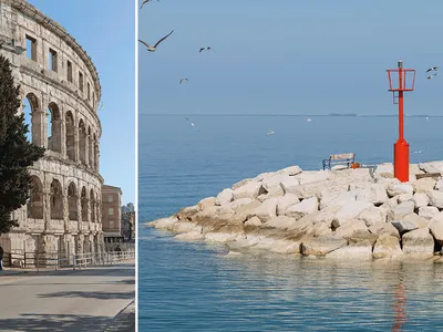 Left,&nbsp;the Pula Arena is the sixth-largest Roman amphitheater still standing and one of the best preserved. Right,&nbsp;the port in the coastal town of Fažana.