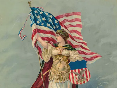 The indomitable Lady Columbia defends the United States with her snazzy patriotic shield, c. 1890.