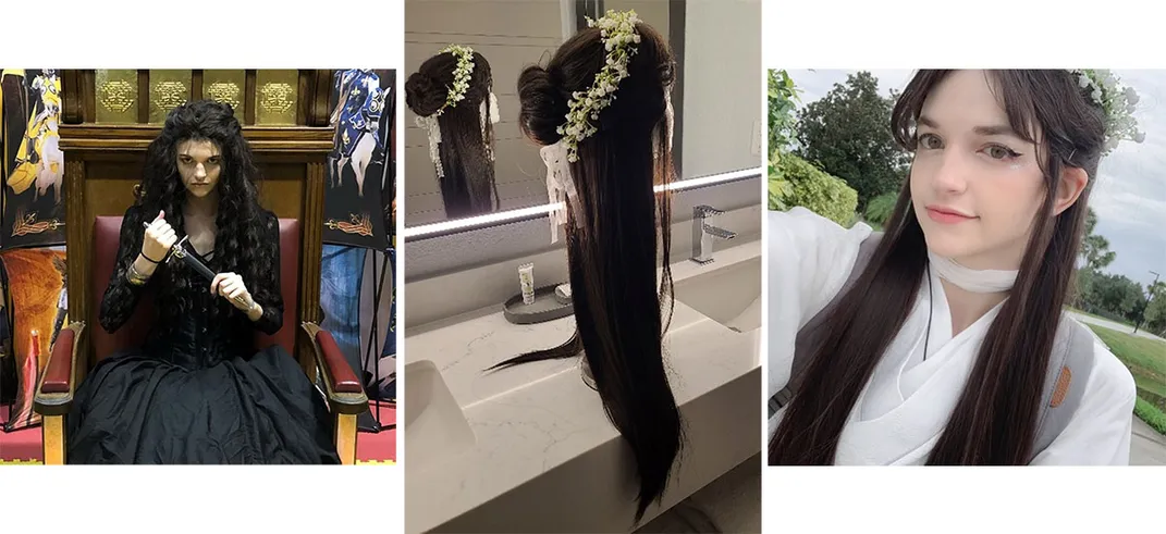 Three photos side by side. Left: A person in costume of long black dress and long black wig, seated in a throne. Middle: a long brown wig with a white flower crown on a stand. Right: a person wears the redone straight wig with a white dress.