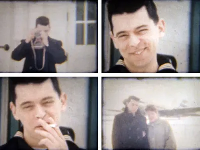 Grid of four old film stills, each showing the same young man: holding up a camera to his eye, smirking, smoking a cigarette, and posing with an older woman.