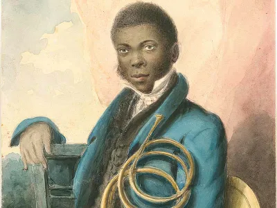 An anonymous watercolor portrait of Francis Johnson holding an early 19th-century horn