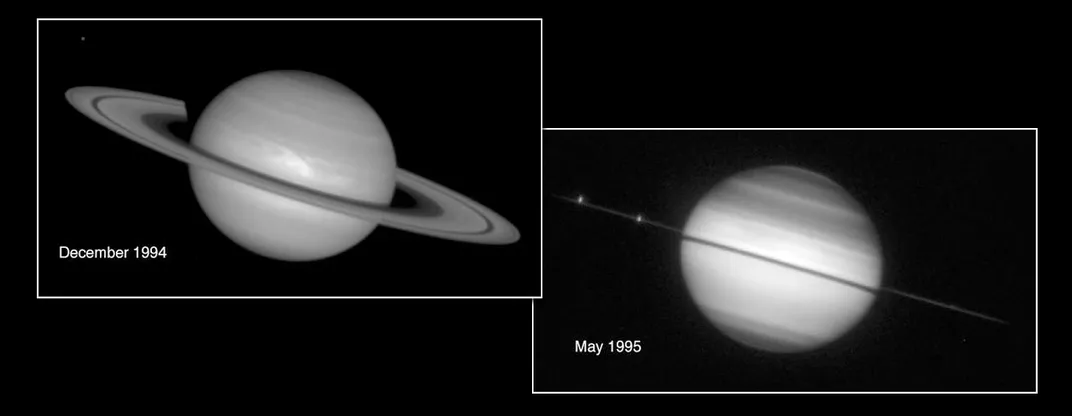 saturn in 1994, seen with its rings; and in 1995, appearing largely ring-less